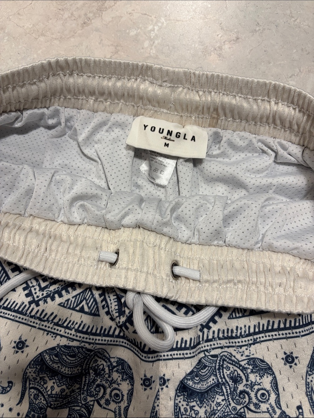 YoungLA Cream and Navy Elephant Print Athletic Shorts - Picture 2 of 4